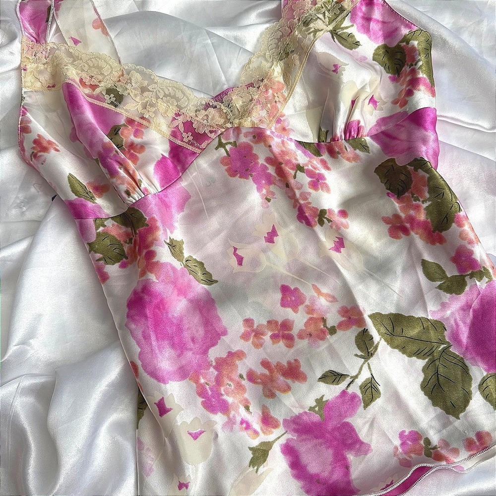 TG USA Pink Floral Satin Camisole Lace Trim V-Neck Tank Top Size Large 735D